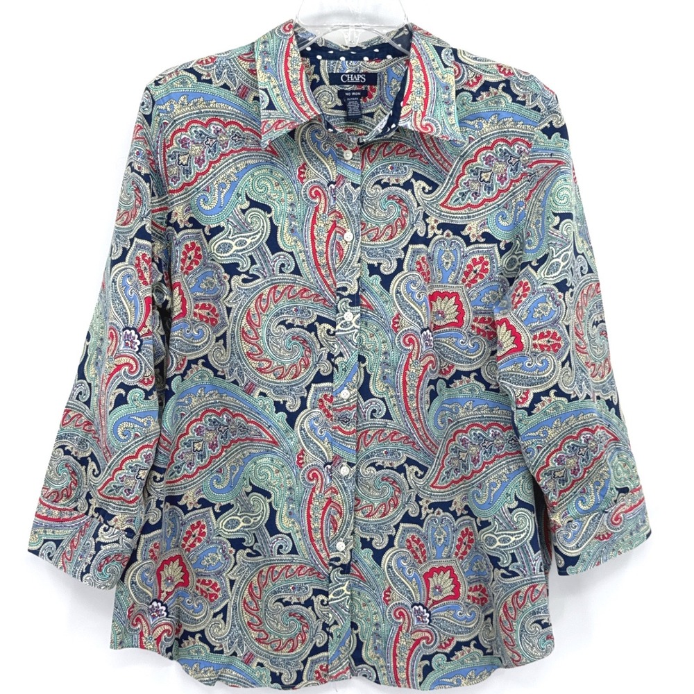 Chaps Paisley No Iron Womens Button Down Shirt XL Blouse Blue 3/4 Roll Cuff